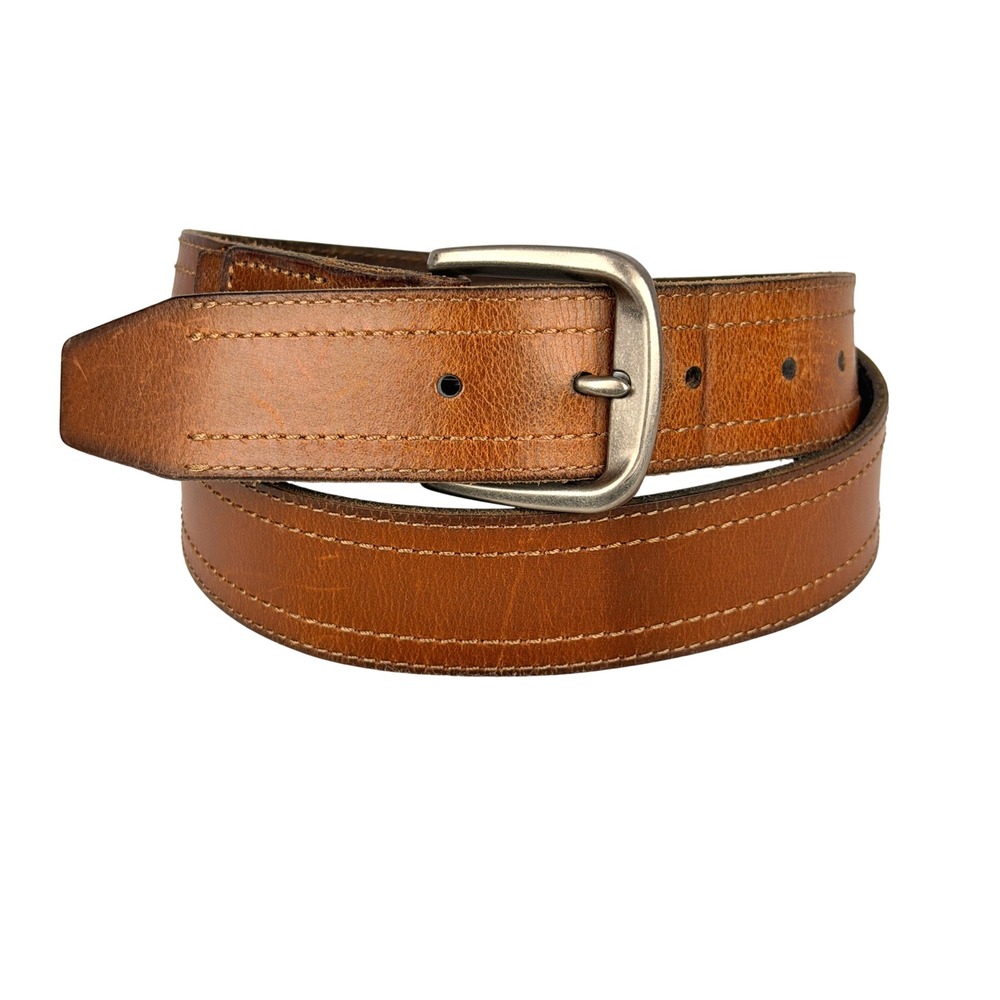 Vintage Columbia Brown Leather Belt Double Stitched Distressed Rugged Size M